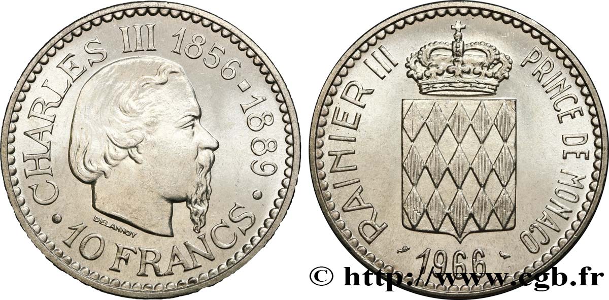 MONACO 10 Francs Charles III 1966 Paris MS 