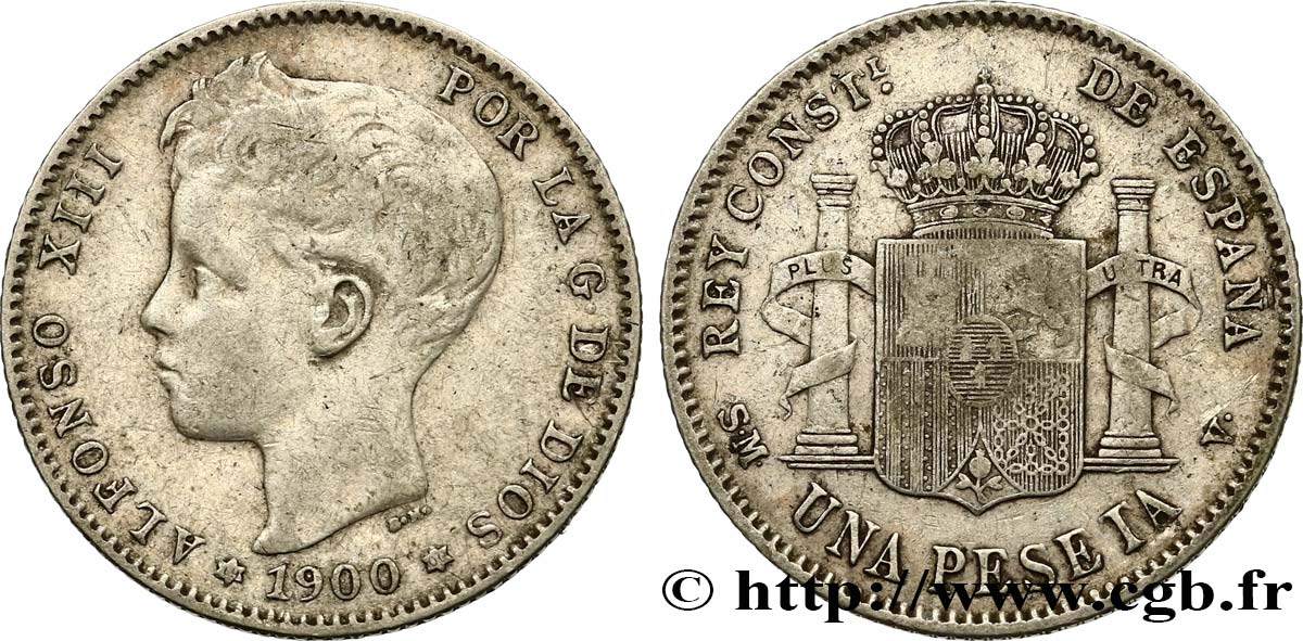 ESPAGNE 1 Peseta Alphonse XIII 3e type 1900 Madrid TB+ 