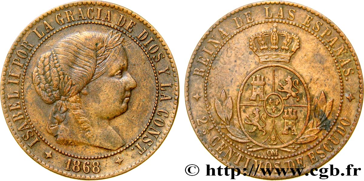 SPAGNA 2 1/2 Centimos de Escudo Isabelle II 1868 Oeschger Mesdach & CO BB 