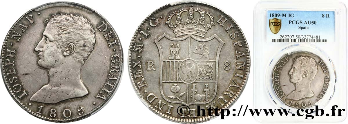 SPAIN - KINGDOM OF SPAIN - JOSEPH NAPOLEON 8 Reales 1809 Madrid AU50 PCGS