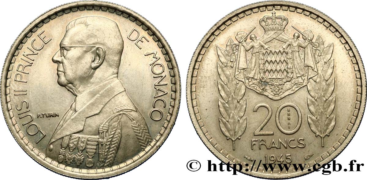 MONACO Essai de 20 Francs Turin Louis II 1945 Paris SUP 