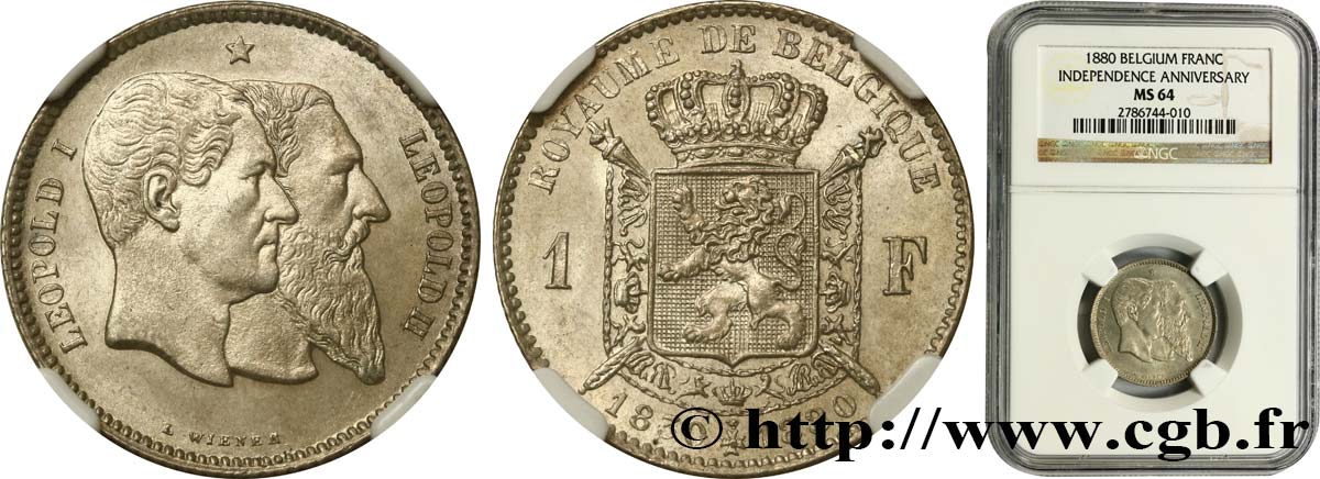 BELGIUM 1 Franc 50e anniversaire de l’indépendance 1880  MS64 NGC