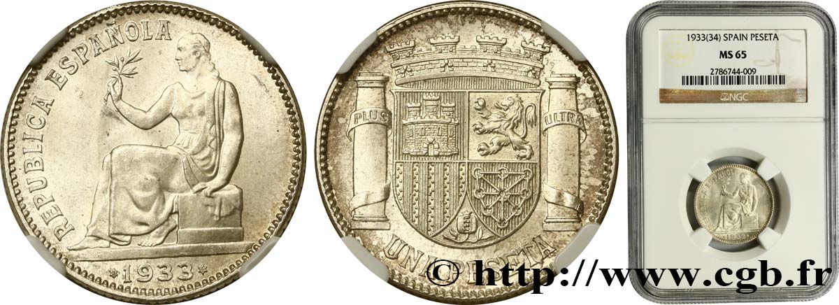 SPAIN 1 Peseta République Espagnole 1933 Madrid MS65 NGC
