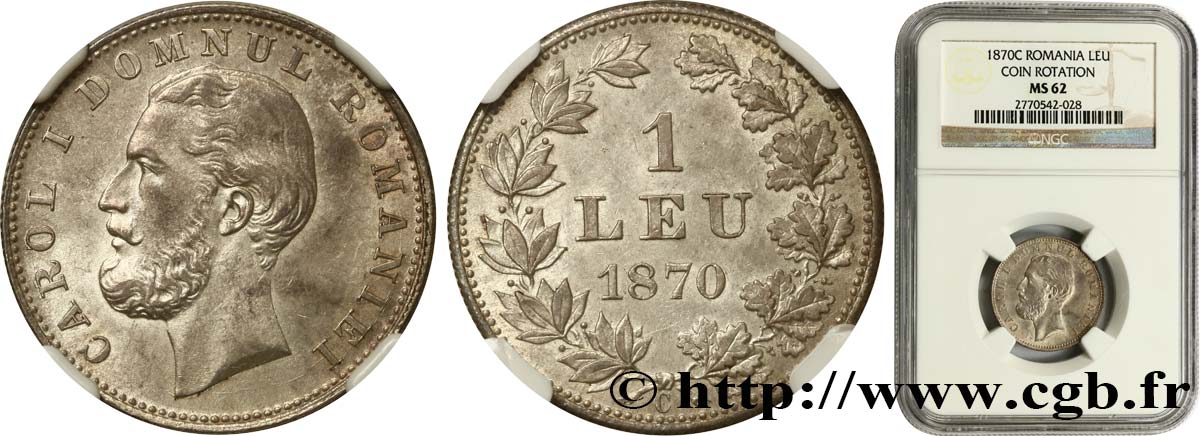 ROMANIA 1 Leu Charles Ier 1870 Bucarest MS62 NGC
