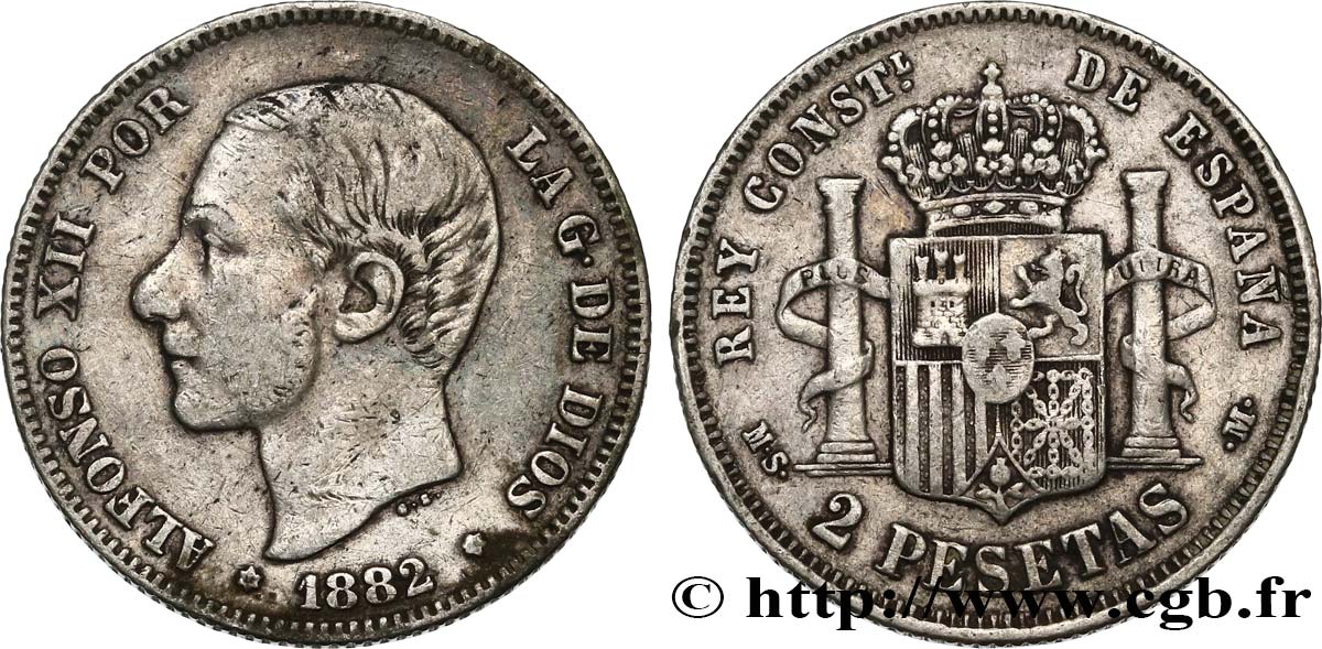 SPANIEN 2 Pesetas Alphonse XI 1882  fSS 
