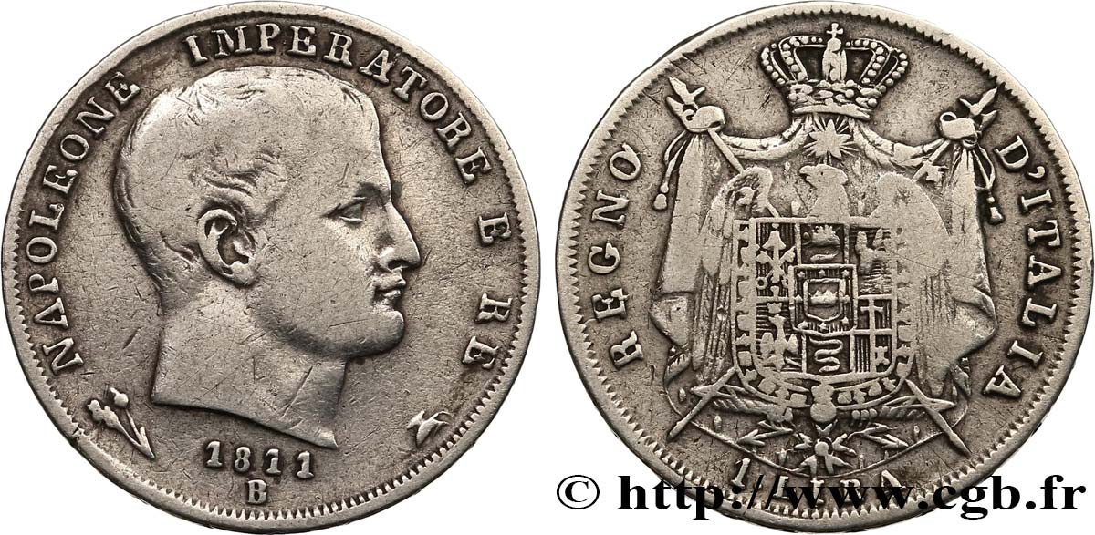 ITALY - KINGDOM OF ITALY - NAPOLEON I 1 Lire 1811 Bologne VF 