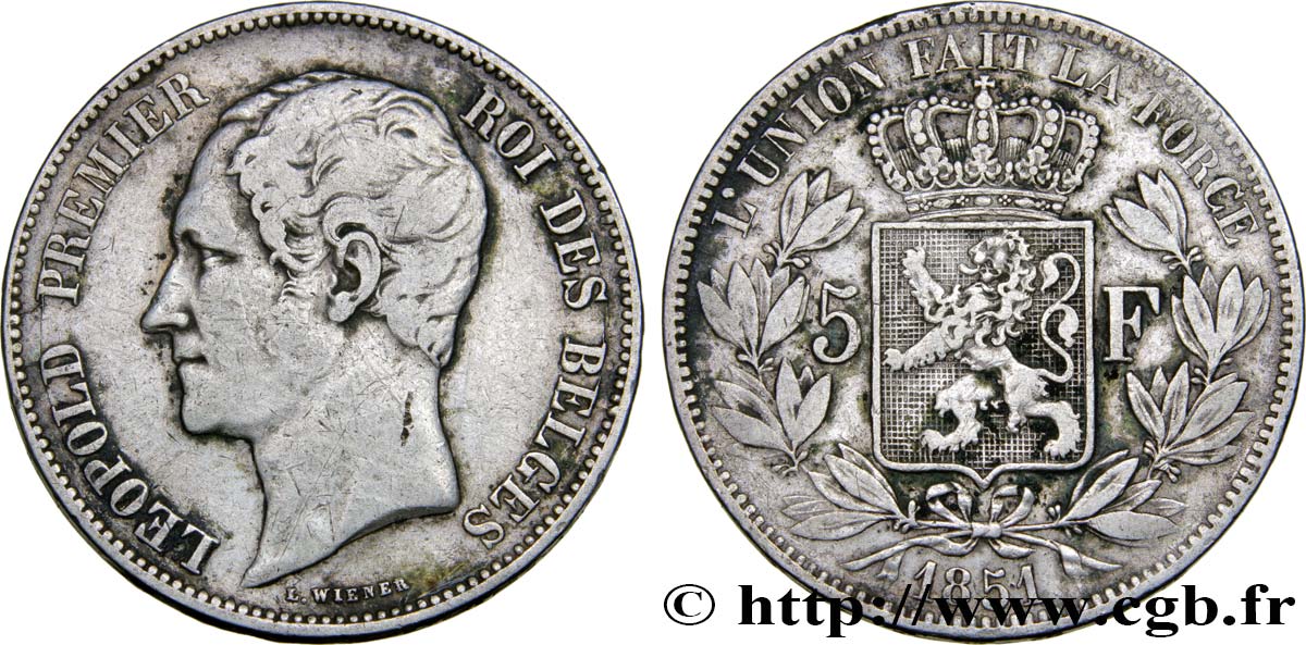 BELGIQUE 5 Francs Léopold Ier tête nue 1851  TB+ 