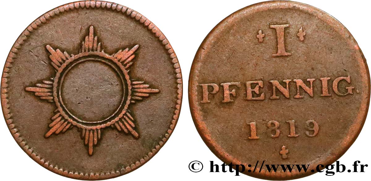 ALLEMAGNE - VILLE LIBRE DE FRANCFORT 1 Pfennig Francfort monnaie de nécessité 1819  TTB 
