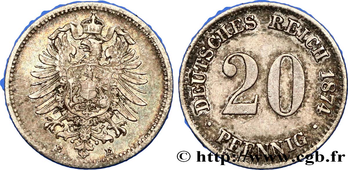 ALLEMAGNE 20 Pfennig aigle impérial héraldique 1874 Dresde TTB+ 