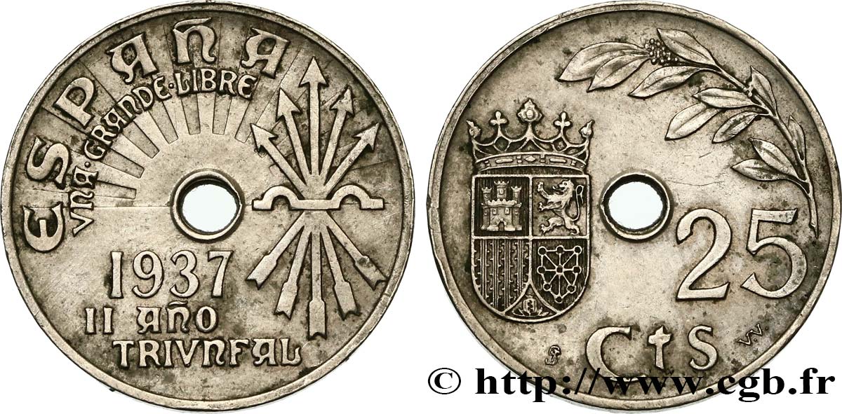 ESPAGNE 25 Centimos monnayage nationaliste 1937 Vienne SUP 