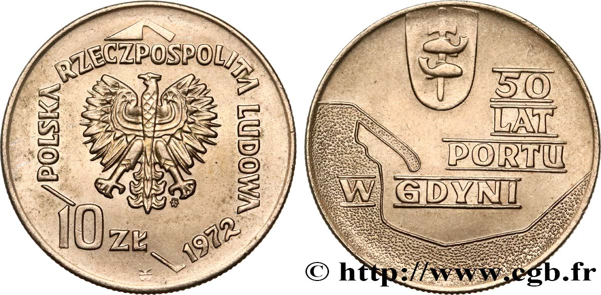 POLONIA 10 Zlotych aigle / 50e anniversaire du port de Gdynia 1972 Varsovie EBC 