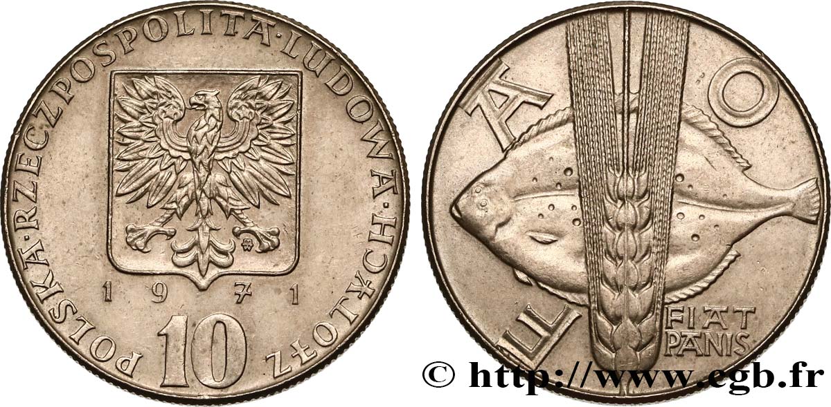 POLONIA 10 Zlotych FAO aigle / poisson et épi de blé 1971  EBC 