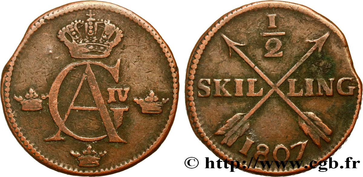SWEDEN 1/2 Skilling monograme du roi Gustave IV Adolphe 1807  VF 