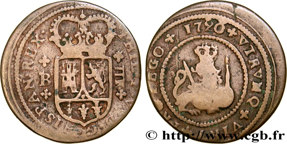 SPAIN 4 Maravedis frappe au nom de Philippe V : écu / lion tenant une épée et un globe 1720 Burgos VF 