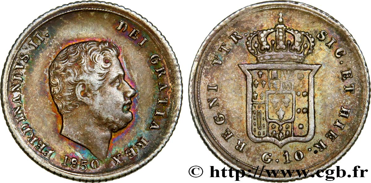 ITALIA - REINO DE LAS DOS SICILIAS 10 Grana Ferdinand II 1850 Naples MBC+ 