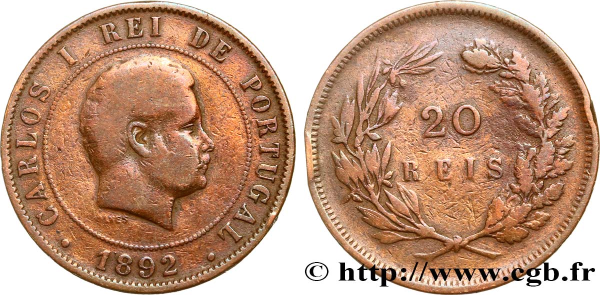 PORTUGAL 20 Réis Charles Ier (Carlos) 1892  B+ 