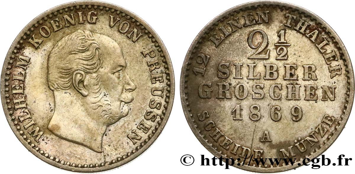 GERMANY 2 1/2 Silbergroschen (1/12 Thaler) Guillaume 1869 Berlin AU 