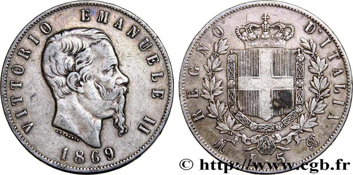 ITALIE 5 Lire Victor Emmanuel II 1869 Milan TB+ 