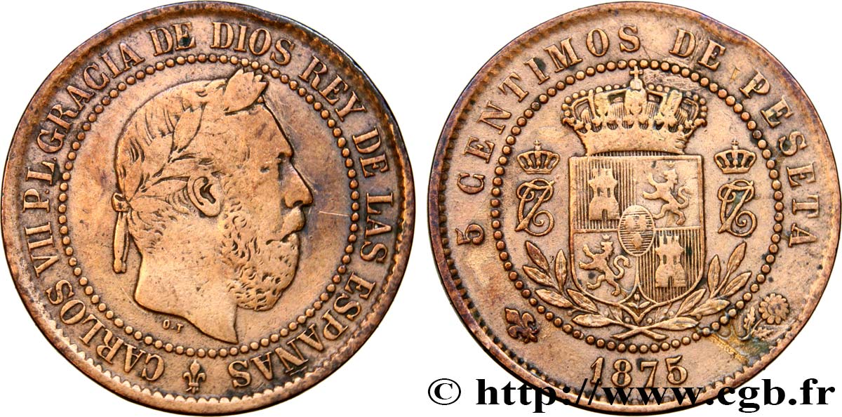 SPAIN 5 Centimos Charles VII (Charles de Bourbon, prétendant carliste) 1875 Oñate VF 