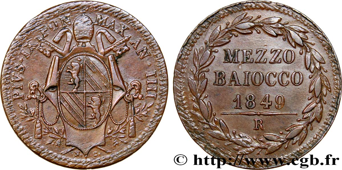 VATICAN AND PAPAL STATES 1/2 Baiocco Pie IX 1849 Rome AU 