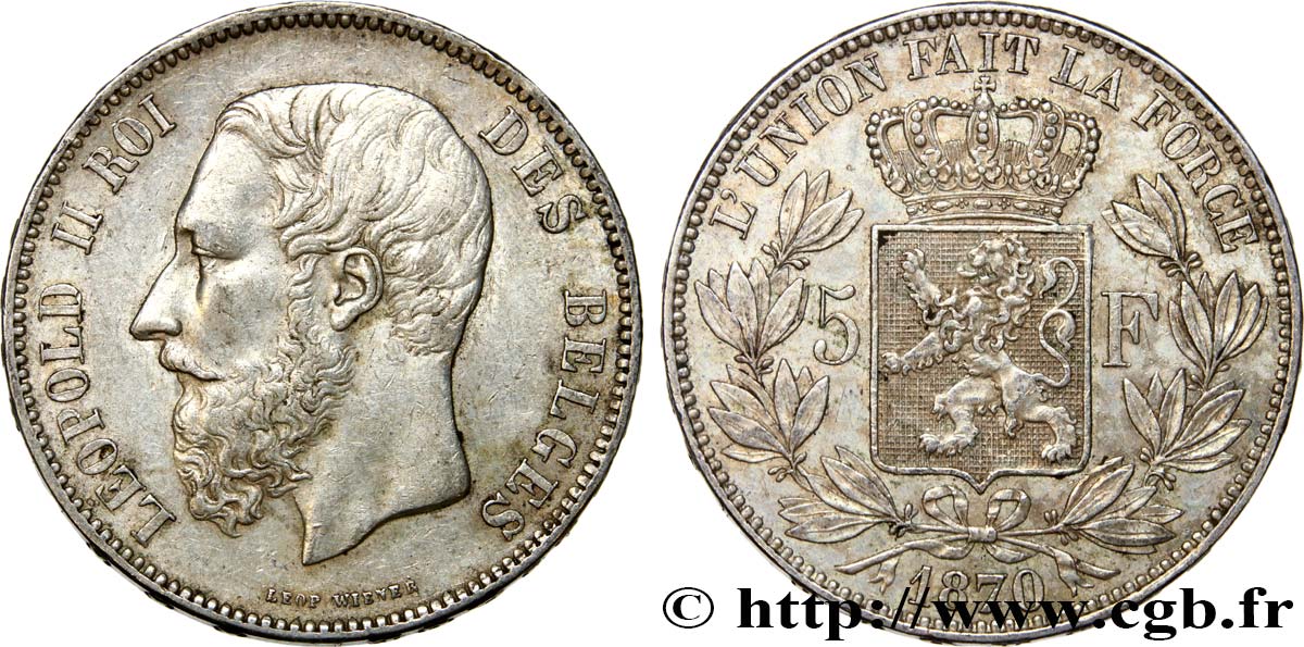 BELGIO 5 Francs Léopold II 1870  BB 