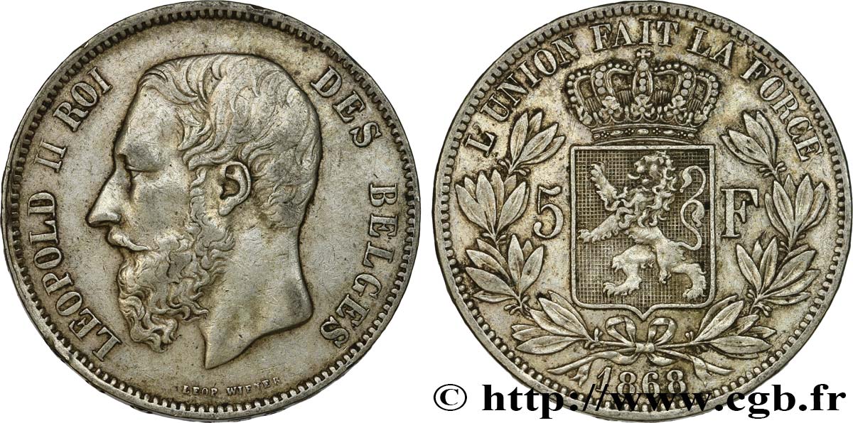 BELGIUM 5 Francs Léopold II  1868  VF/XF 