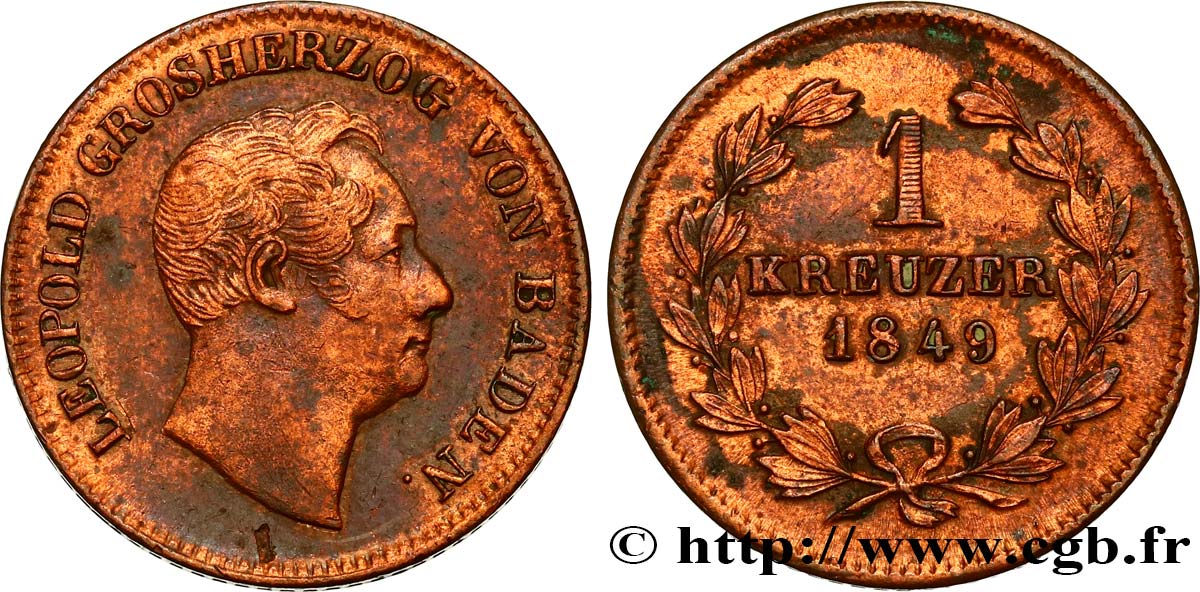 GERMANY - BADEN 1 Kreuzer Grand-Duché de Bade : Léopold, type à la grosse tête 1849 Karlsruhe XF 