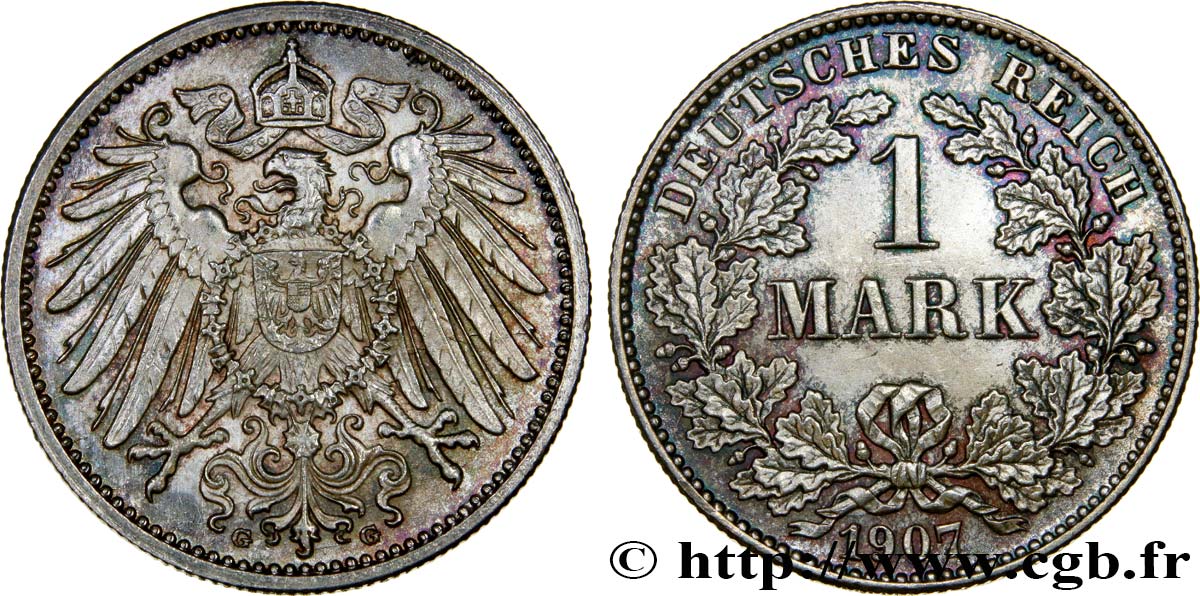 GERMANIA 1 Mark, 2e type 1907 Karlsruhe MS 