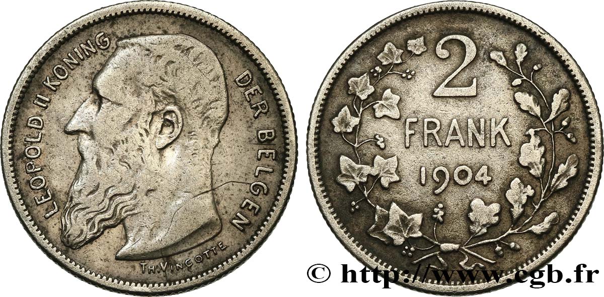 BELGIQUE 2 Frank (Francs) Léopold II légende flamande 1904  TB+ 