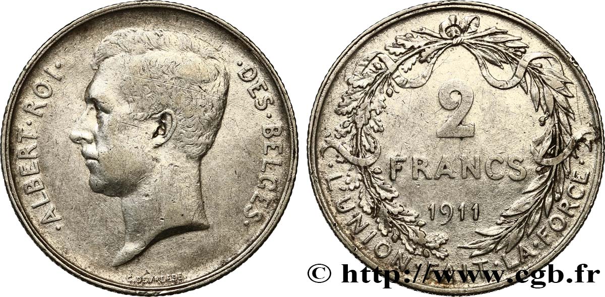 BELGIUM 2 Francs Albert Ier légende française 1911 Bruxelles VF 