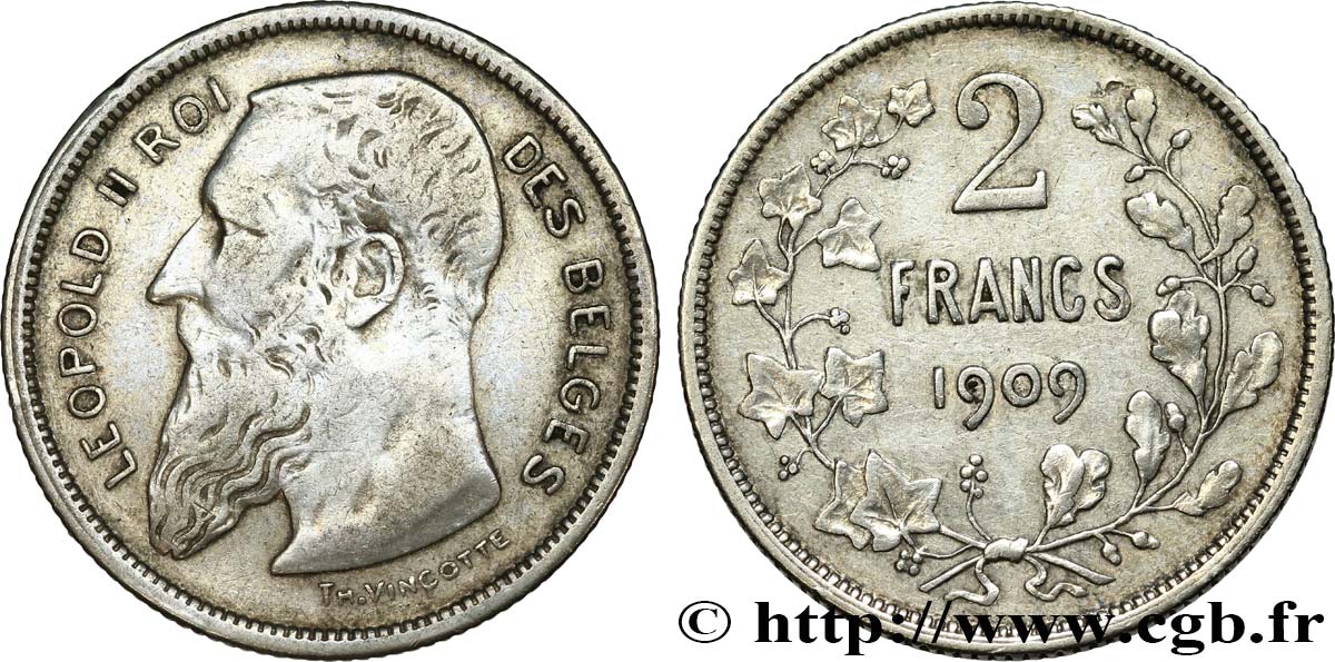 BELGIQUE 2 Francs Léopold II légende française 1909  TB+ 
