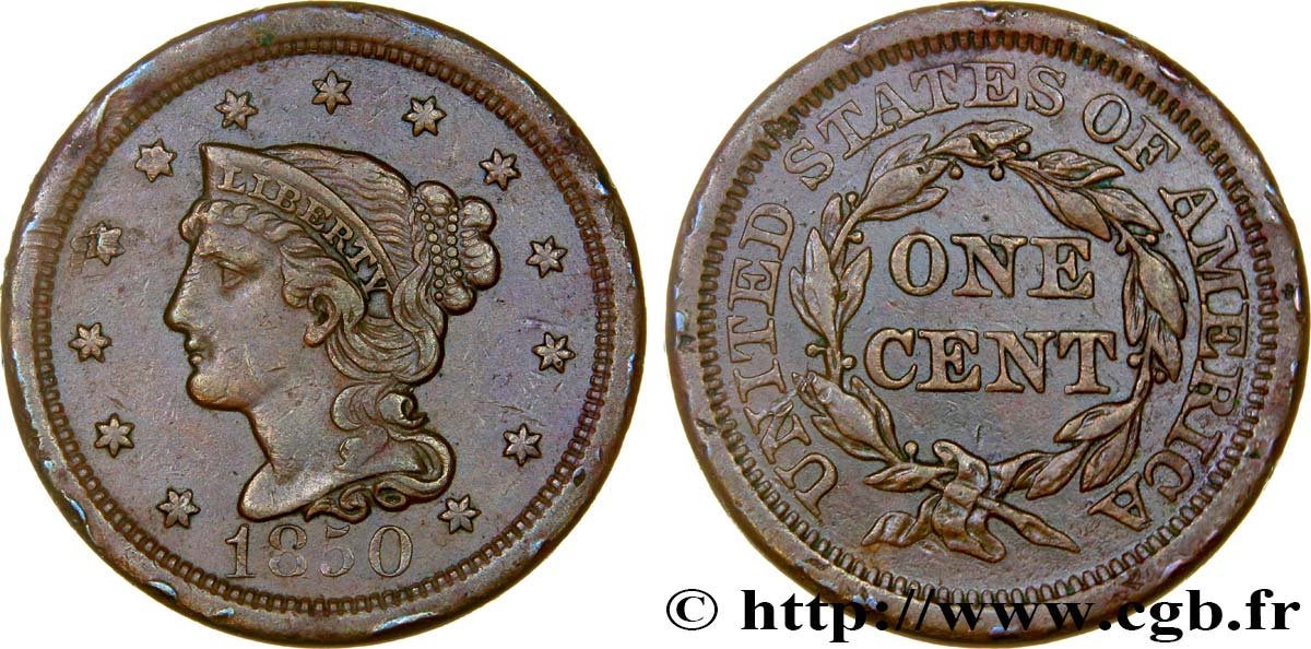 UNITED STATES OF AMERICA 1 Cent Liberté “Braided Hair” 1850 Philadelphie VF/XF 