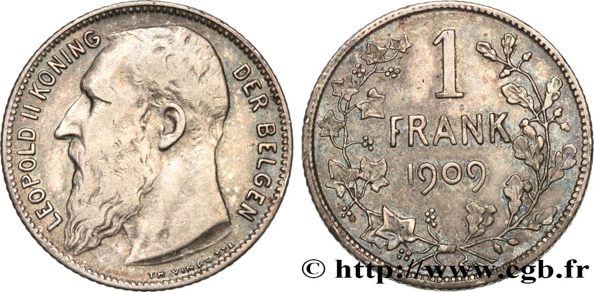BELGIUM 1 Franc Léopold II légende flamande variété sans point dans la signature 1909  XF 