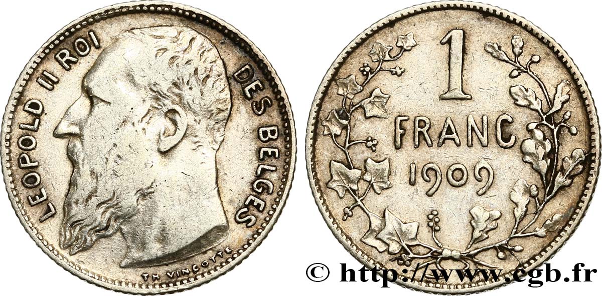 BELGIQUE 1 Franc Léopold II légende française variété sans point dans la signature 1909  TB+ 