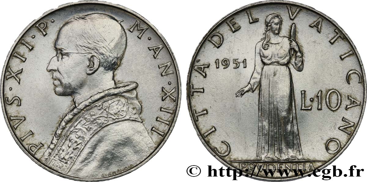 VATICAN AND PAPAL STATES 10 Lire Pie XII an XIII 1951  AU 