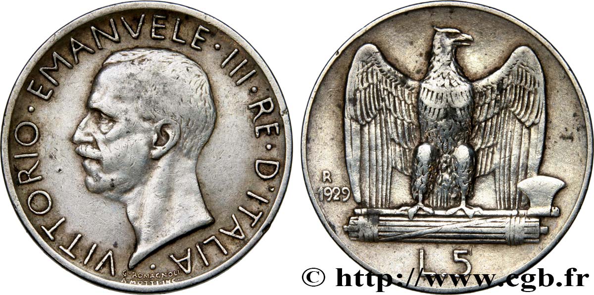 ITALIA 5 Lire Victor Emmanuel III 1929 Rome BB 
