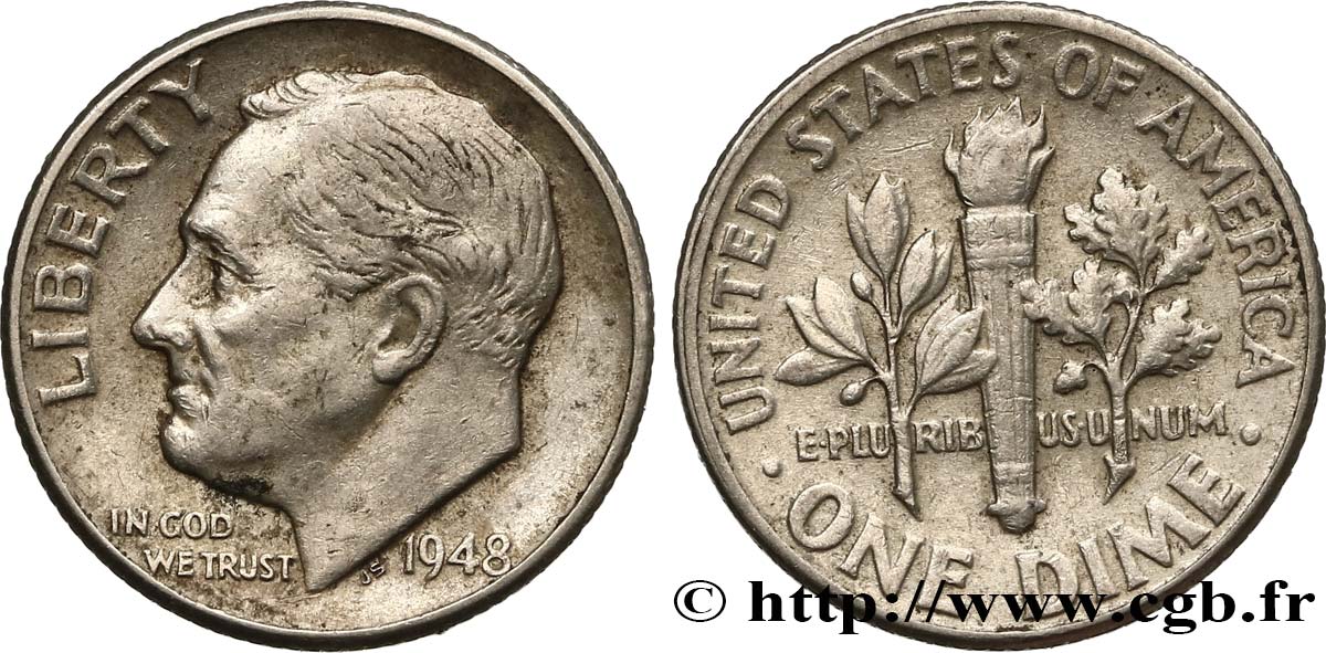 UNITED STATES OF AMERICA 1 Dime (10 Cents) Roosevelt 1948 Philadelphie XF 