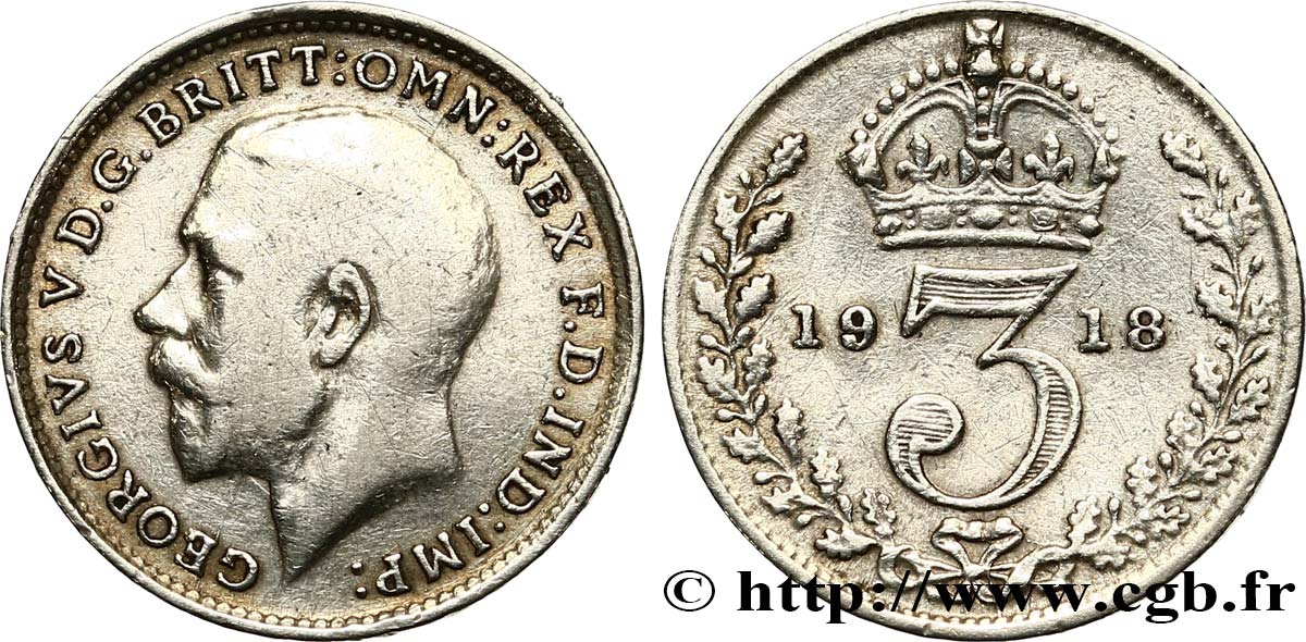 ROYAUME-UNI 3 Pence Georges V / couronne 1918  TB+ 