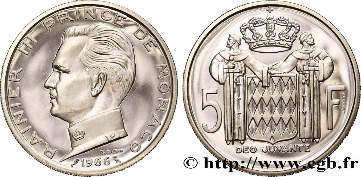 MONACO Essai de 5 Francs Proof (BE) en argent Rainier III 1966 Paris SC 