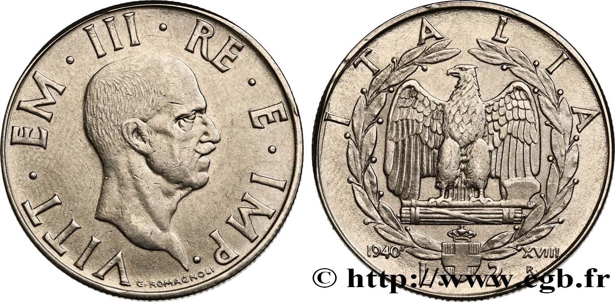 ITALIEN 2 Lire Victor Emmanuel III an XVIII / aigle faisceau de licteur 1940 Rome - R VZ 