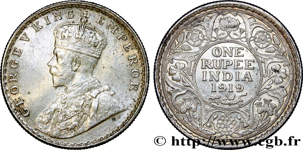 BRITISH INDIA 1 Roupie Georges V 1919 Calcutta AU/MS 