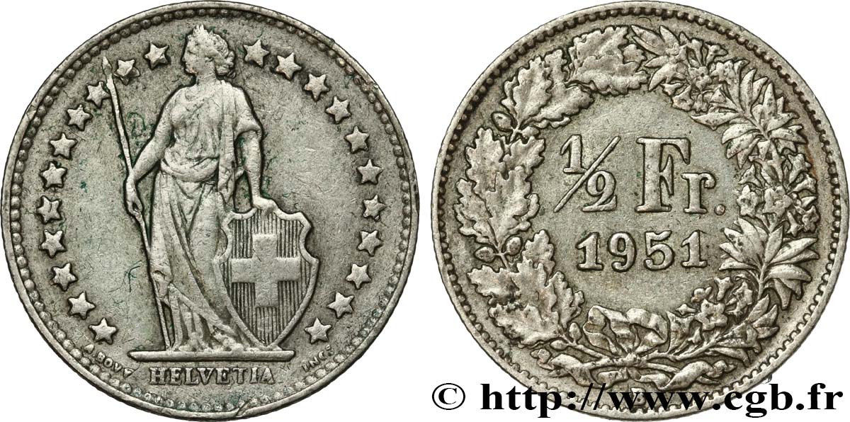 SVIZZERA  1/2 Franc Helvetia 1951 Berne q.SPL 
