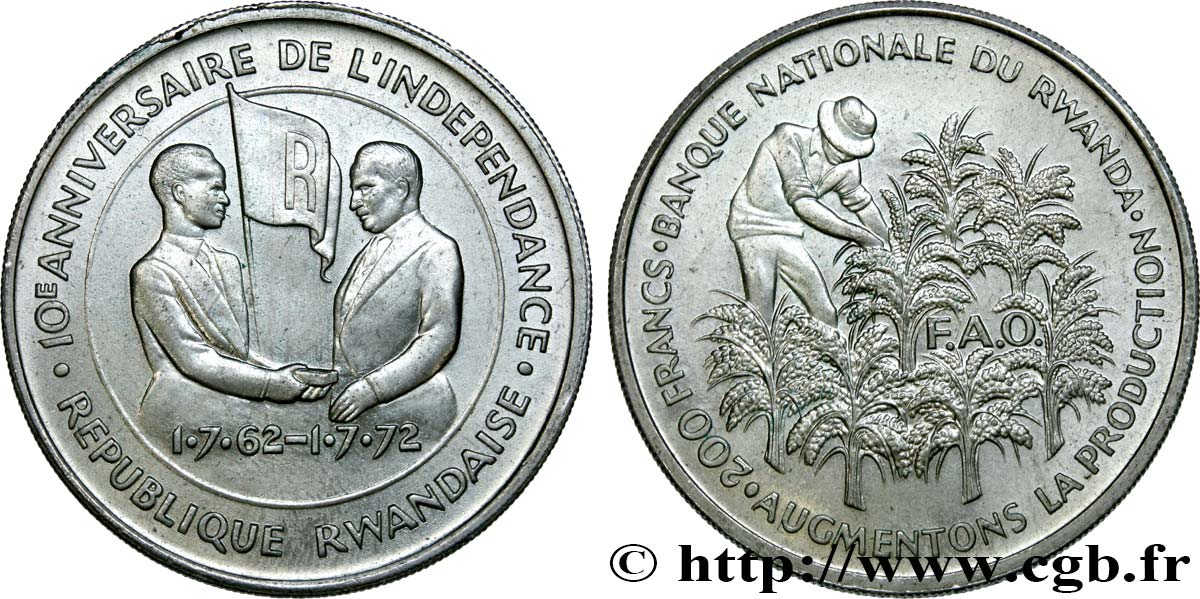 RUANDA 200 Francs 10e anniversaire de l’indépendance 1972  VZ 