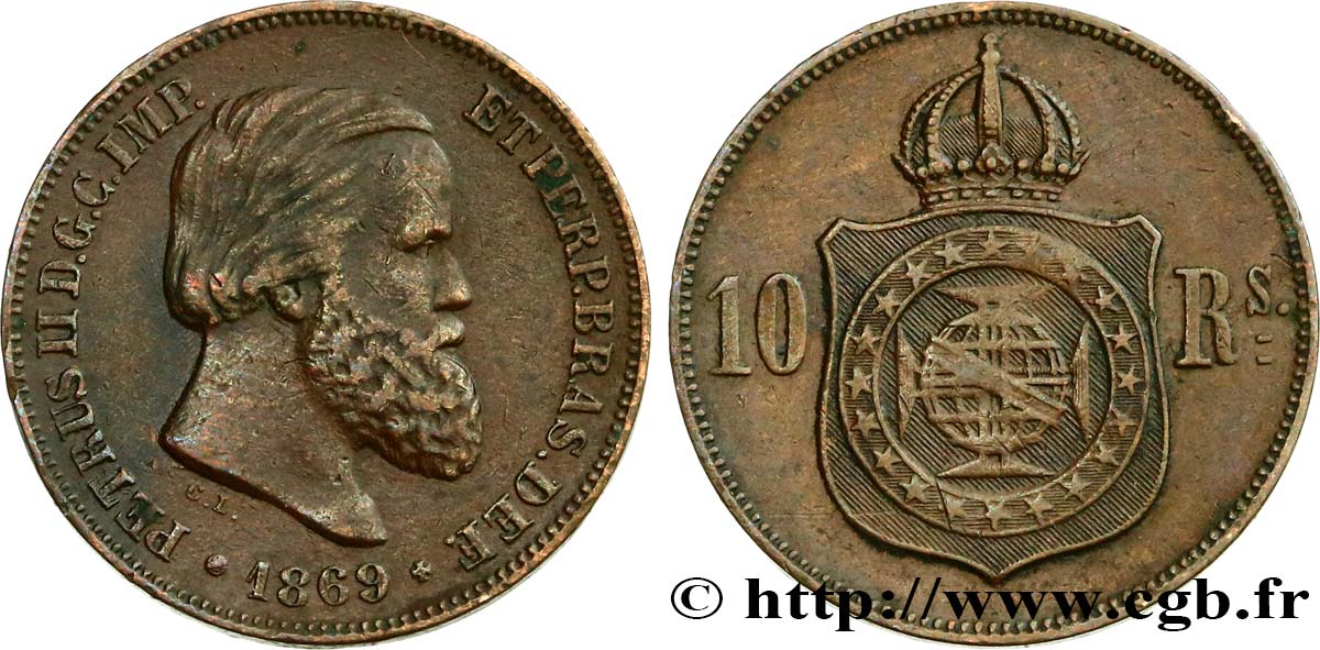 BRÉSIL 10 Réis Pierre II 1869  SUP 