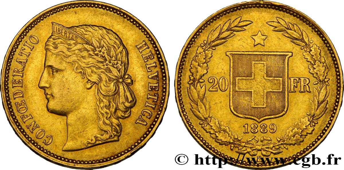 SWITZERLAND 20 Francs Helvetia 1889 Berne XF 