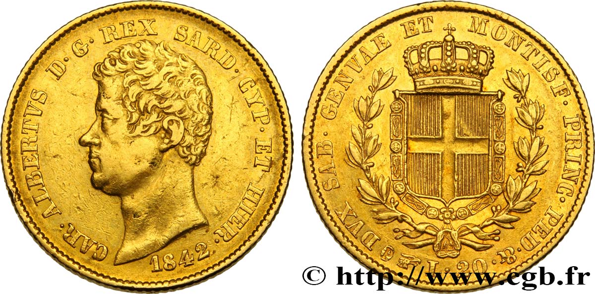 ITALY - KINGDOM OF SARDINIA 20 Lire Charles-Albert 1842 Turin XF/AU 
