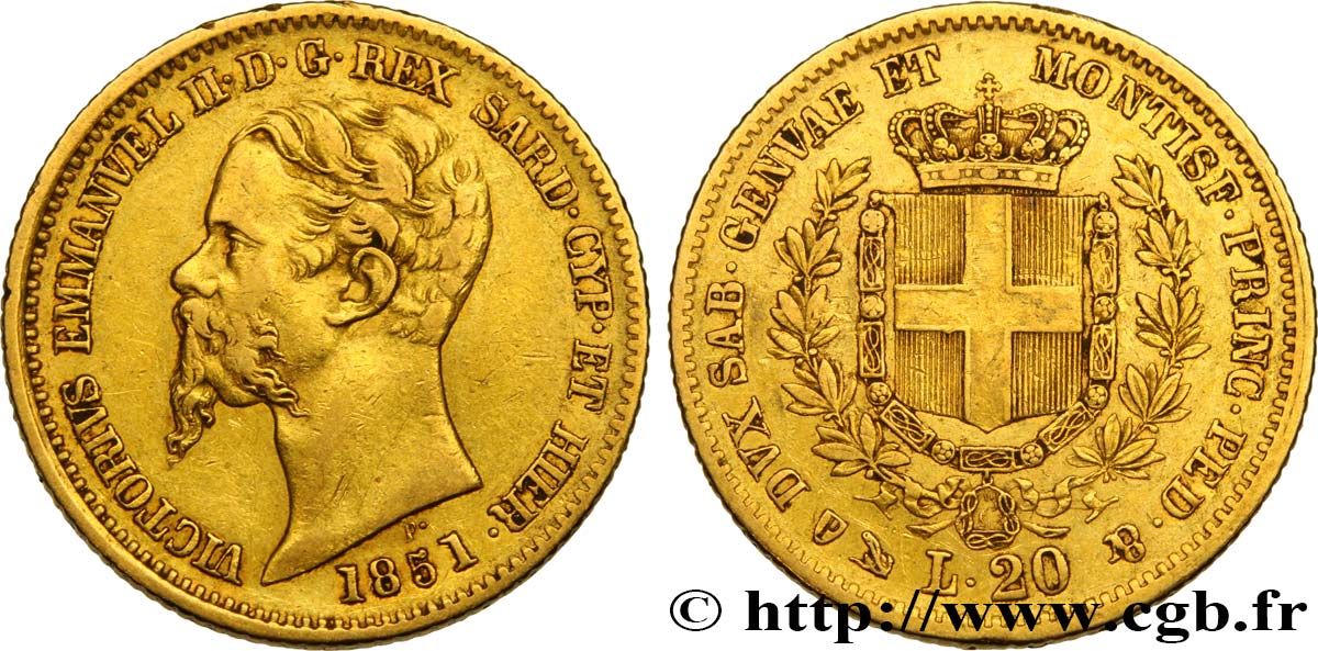 ITALIA - REINO DE CERDEÑA 20 Lire Victor Emmanuel II 1851 Gênes BC+ 