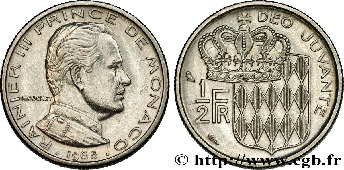 MONACO 1/2 Franc Rainier III / écu couronné 1965 Paris SUP 