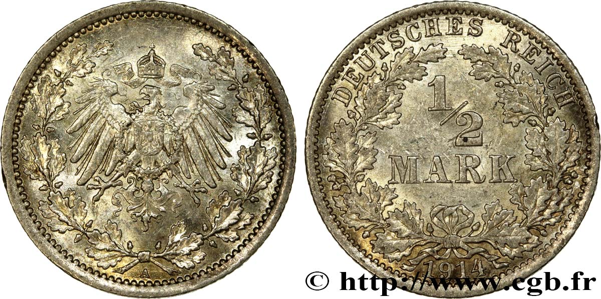 ALEMANIA 1/2 Mark Empire aigle impérial 1914 Berlin EBC+ 