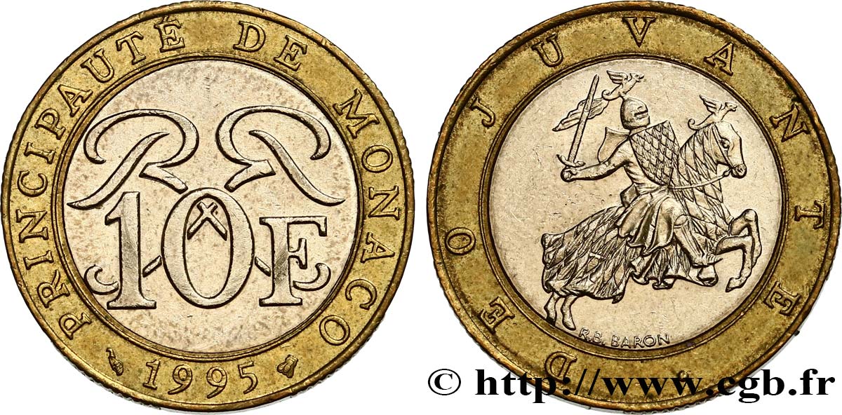 MONACO 10 Francs monogramme de Rainier III / chevalier en armes 1995 Paris VZ 